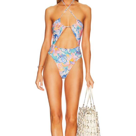 Stone Fox One Piece Riva Tropical Lily Blue Floral Halter Cut Out XS Swim Suit - Picture 1 of 5